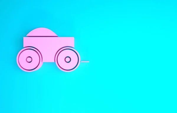 Рожевий дерев'яний чотириколісний візок з іконою сіна ізольований на синьому фоні. Концепція мінімалізму. 3D ілюстрація 3D рендеринга — стокове фото