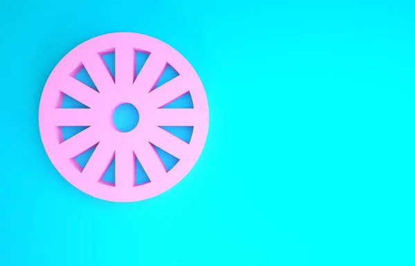Розовое старое деревянное колесо на синем фоне. Концепция минимализма. 3D-рендеринг — стоковое фото