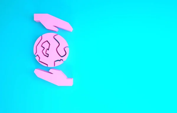 Manos humanas rosadas sosteniendo el icono del globo terrestre aisladas sobre fondo azul. Guarde el concepto de tierra. Concepto minimalista. 3D ilustración 3D render — Foto de Stock