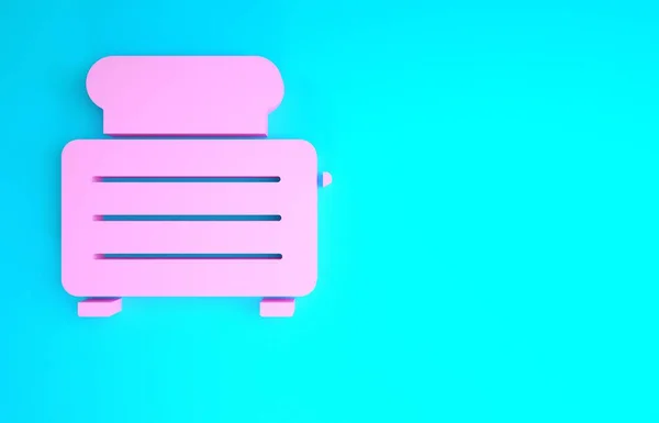 Ροζ τοστιέρα με τοστ εικονίδιο απομονώνονται σε μπλε φόντο. Μινιμαλιστική έννοια. 3D απεικόνιση 3d καθιστούν — Φωτογραφία Αρχείου