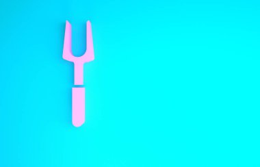 Mavi arkaplanda pembe barbekü çatalı simgesi izole edildi. Mangal çatalı tabelası. Barbekü ve ızgara aleti. Minimalizm kavramı. 3d illüstrasyon 3B canlandırma