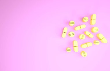 Pembe arka planda izole edilmiş sarı ilaç veya tablet ikonu. Kapsül hapı ve uyuşturucu işareti. Eczane tasarımı. Minimalizm kavramı. 3d illüstrasyon 3d canlandırma