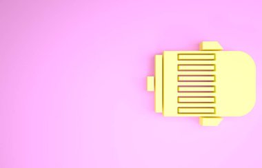 Pembe arka planda sarı elektrik motor simgesi izole edildi. Araba alternatörü. Minimalizm kavramı. 3d illüstrasyon 3B canlandırma