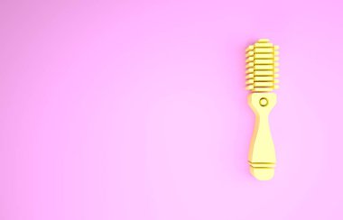 Sarı saç kurutma ikonu pembe arka planda izole edilmiş. Saç kurutma makinesi tabelası. Saç kurutma sembolü. Sıcak hava üflüyor. Minimalizm kavramı. 3d illüstrasyon 3d canlandırma