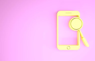 Pembe arka planda sarı cep telefonu tanılama simgesi izole edildi. Uygulama, servis, ayar seçenekleri, bakım, onarım, onarım. Minimalizm kavramı. 3d illüstrasyon 3B canlandırma