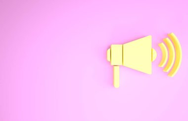 Pembe arka planda izole edilmiş sarı megafon simgesi. Yüksek sesle konuşma uyarısı. Ağızlık için megafon, terfi diye bağırıyor. Minimalizm kavramı. 3d illüstrasyon 3B canlandırma