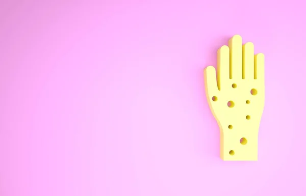 Gele Hand met psoriasis of eczeem pictogram geïsoleerd op roze achtergrond. Concept van de menselijke huidrespons op allergeen of chronisch lichaamsprobleem. Minimalisme concept. 3d illustratie 3D renderen — Stockfoto