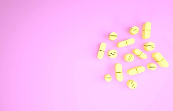 Pastilla de la medicina amarilla o icono de la tableta aislado sobre fondo rosa. Cápsula de píldora y signo de drogas. Diseño de farmacia. Concepto minimalista. 3D ilustración 3D render — Foto de Stock
