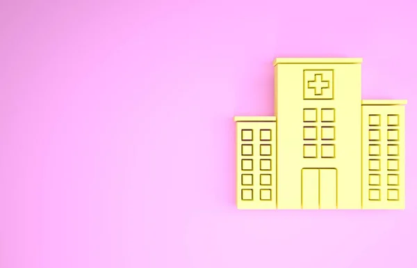 Yellow Medical hospital building with cross icon isolated on pink background. Medical center. Health care. Minimalism concept. 3d illustration 3D render — Stock Photo, Image