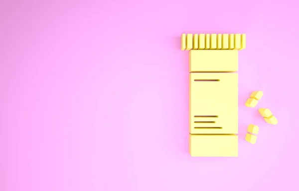 黄色药瓶和药丸图标孤立在粉红色的背景. 瓶装药丸标志。 药房设计。 最低纲领的概念。 3d说明3d — 图库照片