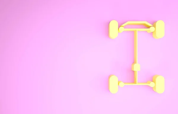 Sárga Alváz autó ikon elszigetelt rózsaszín alapon. Minimalizmus koncepció. 3d illusztráció 3D render — Stock Fotó