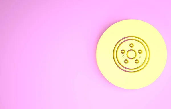 Żółta ikona tarczy hamulca samochodowego izolowana na różowym tle. Koncepcja minimalizmu. Ilustracja 3D 3D renderowania — Zdjęcie stockowe