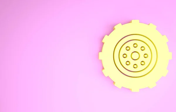 Ícone de roda de carro amarelo isolado no fundo rosa. Conceito de minimalismo. 3D ilustração 3D render — Fotografia de Stock