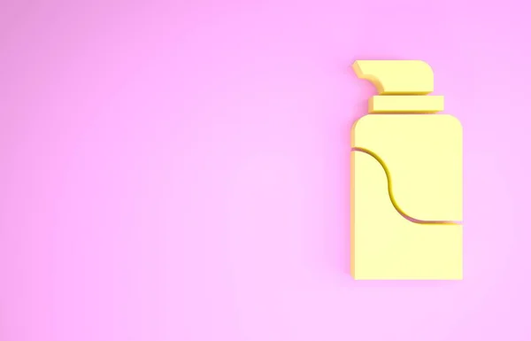 Giallo crema o lozione icona tubo cosmetico isolato su sfondo rosa. Prodotti per la cura del corpo per uomini. Concetto minimalista. Illustrazione 3d rendering 3D — Foto Stock