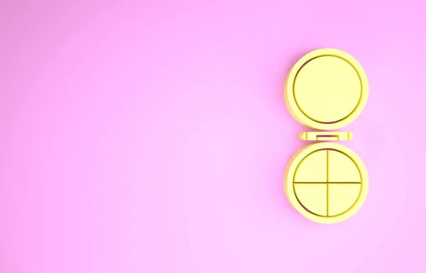 Maquillaje amarillo en polvo con icono de espejo aislado sobre fondo rosa. Concepto minimalista. 3D ilustración 3D render —  Fotos de Stock