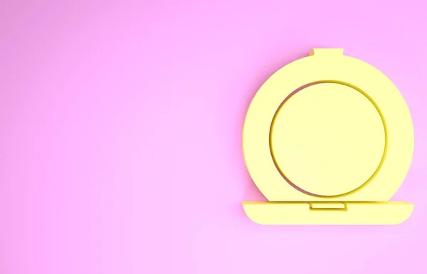 Жовтий порошок макіяжу з піктограмою дзеркала ізольовано на рожевому фоні. Концепція мінімалізму. 3D ілюстрація 3D рендеринга — стокове фото