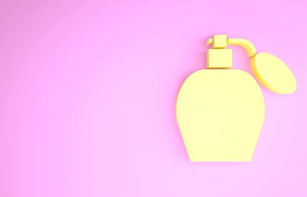 Pembe arka planda sarı parfüm ikonu var. Minimalizm kavramı. 3d illüstrasyon 3B canlandırma — Stok fotoğraf