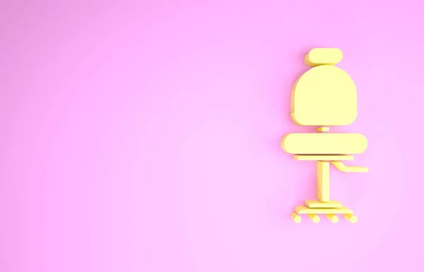 Ikona żółtego krzesła biurowego odizolowana na różowym tle. Koncepcja minimalizmu. Ilustracja 3D 3D renderowania — Zdjęcie stockowe
