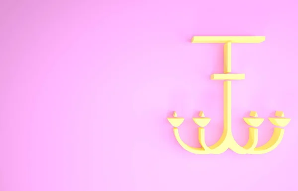 Иконка желтой люстры выделена на розовом фоне. Концепция минимализма. 3D-рендеринг — стоковое фото