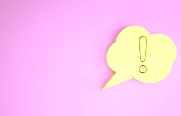 Icono de burbuja y exclamación de habla amarilla aislado sobre fondo rosa. Signo FAQ. Copia archivos, charla burbuja de voz y gráfico. Concepto minimalista. 3D ilustración 3D render —  Fotos de Stock