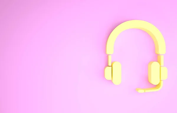 Icône casque jaune isolé sur fond rose. Ecouteurs. Concept d'écoute de musique, de service, de communication et d'opérateur. Concept de minimalisme. Illustration 3D rendu 3D — Photo