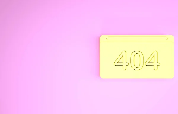 Página amarilla con un icono de error 404 aislado sobre fondo rosa. Plantilla informa que la página no se encuentra. Concepto minimalista. 3D ilustración 3D render —  Fotos de Stock