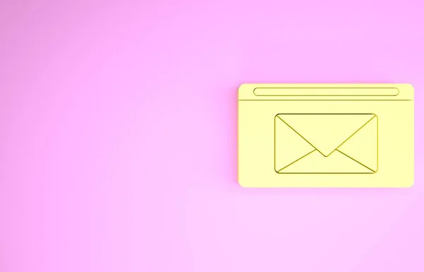Yellow Mail και e-mail εικονίδιο απομονώνονται σε ροζ φόντο. e-mail συμβόλων φακέλων. Email σημάδι μήνυμα. Μινιμαλιστική έννοια. 3D απεικόνιση 3d καθιστούν — Φωτογραφία Αρχείου