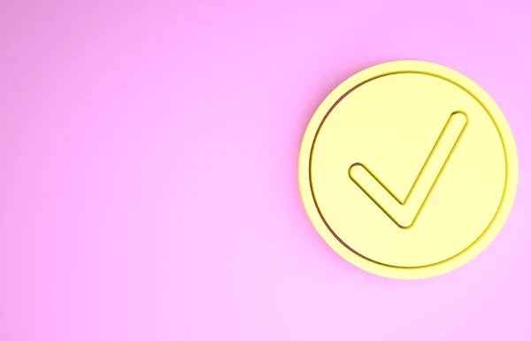 Gelbes Häkchen im Kreis-Symbol isoliert auf rosa Hintergrund. Auswahlknopfzeichen. Häkchensymbol. Minimalismus-Konzept. 3D Illustration 3D Renderer — Stockfoto