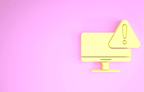 ピンクの背景に隔離された感嘆符のアイコンを持つ黄色のコンピュータモニタ。アラートメッセージスマートフォン通知。最小限の概念。3Dイラスト3Dレンダリング — ストック写真