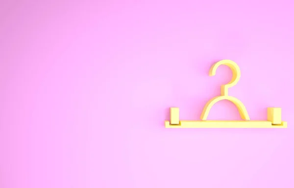 Yellow Hanger ντουλάπα εικονίδιο απομονώνονται σε ροζ φόντο. Εικονίδιο ντουλάπας. Σύμβολο υπηρεσίας ρούχων. Πινακίδα κρεμάστρας. Μινιμαλιστική έννοια. 3d απεικόνιση 3D καθιστούν — Φωτογραφία Αρχείου