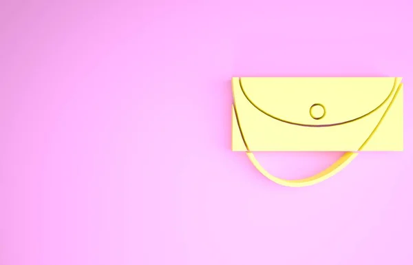 Żółta ikona torby sprzęgła izolowana na różowym tle. Damska torebka. Koncepcja minimalizmu. Ilustracja 3D 3D renderowania — Zdjęcie stockowe