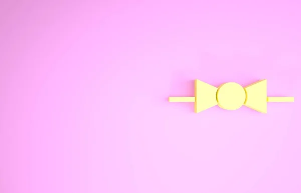 Желтый бант галстук значок изолирован на розовом фоне. Концепция минимализма. 3D-рендеринг — стоковое фото