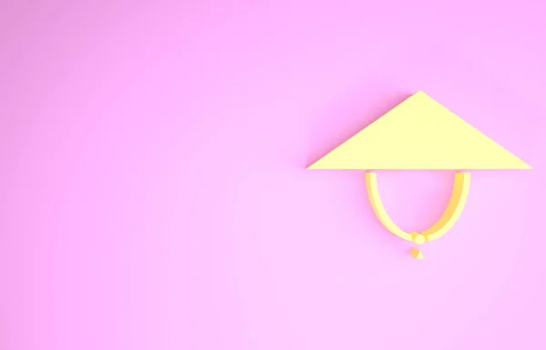 Giallo asiatico icona del cappello conico isolato su sfondo rosa. Cappello cinese di paglia conica. Concetto minimalista. Illustrazione 3d rendering 3D — Foto Stock