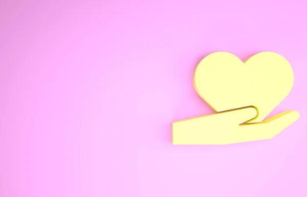 Cuore giallo a mano icona isolata su sfondo rosa. Dare mano simbolo d'amore. Simbolo di San Valentino. Concetto minimalista. Illustrazione 3d rendering 3D — Foto Stock