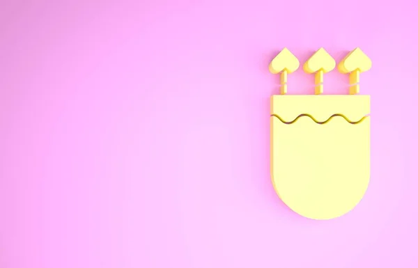 ピンクの背景にハートアイコンで黄色のクワイバーと矢印。キューピッド・シンボル。愛のサインだ。バレンタインデーのコンセプト。最小限の概念。3Dイラスト3Dレンダリング — ストック写真