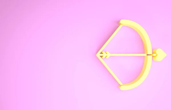 Fiocco giallo e icona freccia isolato su sfondo rosa. Simbolo di Cupido. Segno d'amore. Concetto di San Valentino. Concetto minimalista. Illustrazione 3d rendering 3D — Foto Stock