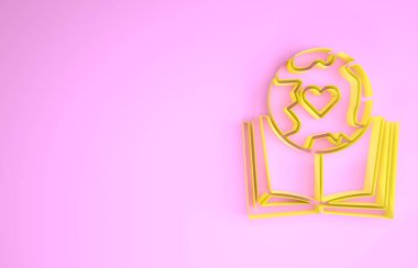 Sarı Dünya küresi ve kitap ikonu pembe arka planda izole edilmiş. Dünya ya da Dünya işareti. Küresel internet sembolü. Geometrik şekiller. Minimalizm kavramı. 3d illüstrasyon 3B canlandırma