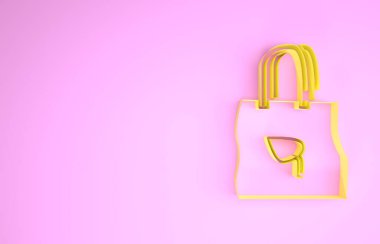 Pembe arka planda izole edilmiş geri dönüşüm simgesiyle sarı kağıt alışveriş torbası. Geri dönüşüm sembollü çanta. Minimalizm kavramı. 3d illüstrasyon 3B canlandırma
