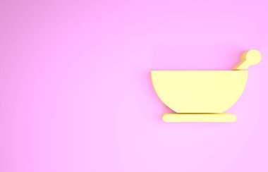 Sarı havan ve tokmak ikonu pembe arka planda izole edilmiş. Minimalizm kavramı. 3d illüstrasyon 3B canlandırma