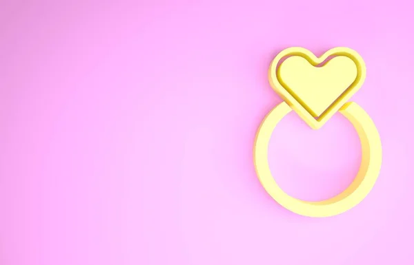 Желтые обручальные кольца значок изолирован на розовом фоне. Знак "Жених и невеста". Символ брака. Бриллиантовое кольцо. Концепция минимализма. 3D-рендеринг — стоковое фото