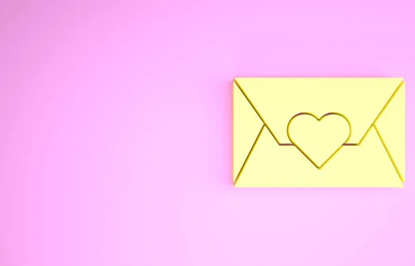 Yellow Envelope with Valentine heart icon isolated on pink background. Message love. Letter love and romance. Minimalism concept. 3d illustration 3D render — Stock Photo, Image