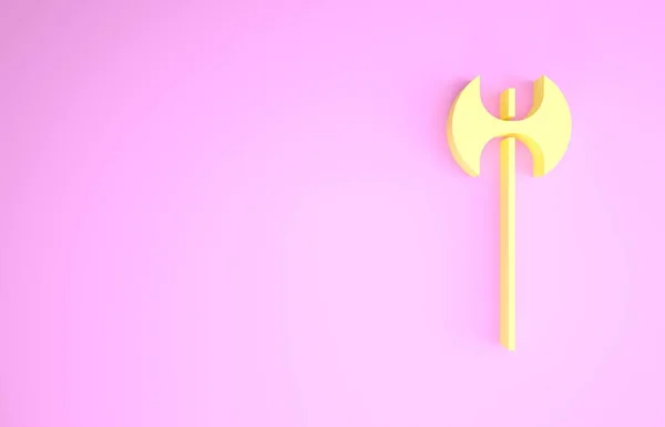 Icono de hacha medieval amarilla aislado sobre fondo rosa. Hacha de batalla, hacha ejecutora. Arma medieval. Concepto minimalista. 3D ilustración 3D render —  Fotos de Stock