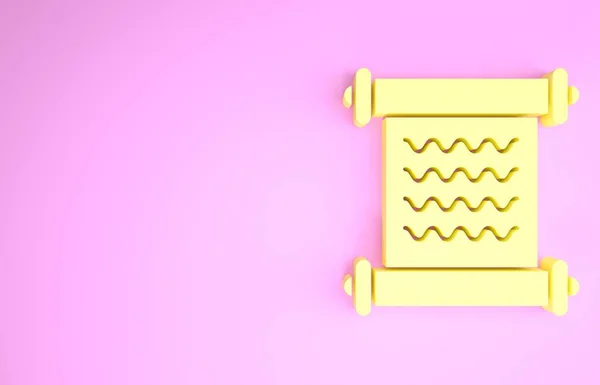 黄色の命令、紙、羊皮紙、ピンクの背景に隔離されたスクロールアイコン。最小限の概念。3Dイラスト3Dレンダリング — ストック写真