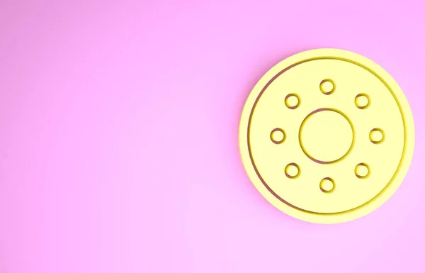 Icono de escudo de madera redondo amarillo aislado sobre fondo rosa. Seguridad, seguridad, protección, privacidad, concepto de guardia. Concepto minimalista. 3D ilustración 3D render — Foto de Stock