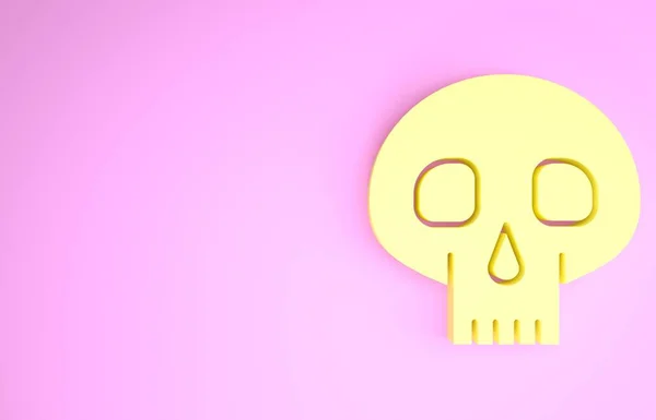 Ícone de crânio amarelo isolado no fundo rosa. Conceito de minimalismo. 3D ilustração 3D render — Fotografia de Stock