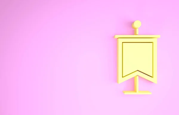Κίτρινη μεσαιωνική σημαία απομονωμένη σε ροζ φόντο. Χώρα, κράτος ή έδαφος που κυβερνάται από βασιλιά ή βασίλισσα. Μινιμαλιστική έννοια. 3d απεικόνιση 3D καθιστούν — Φωτογραφία Αρχείου