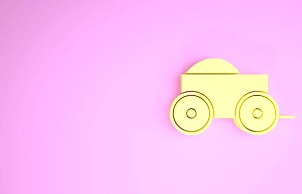 Carro de cuatro ruedas de madera amarilla con icono de heno aislado sobre fondo rosa. Concepto minimalista. 3D ilustración 3D render — Foto de Stock