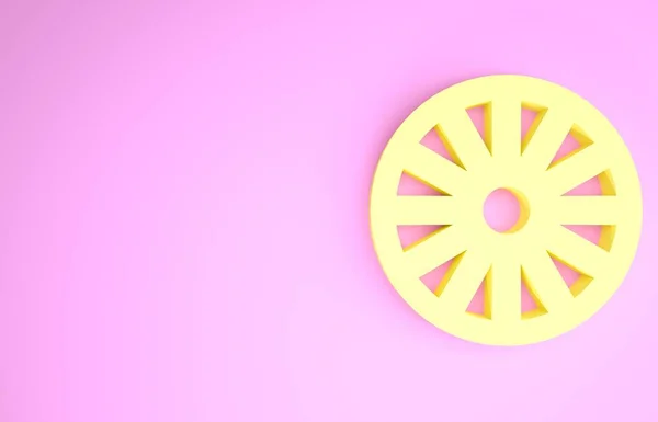 Yellow Old wooden wheel icon isolated on pink background. Minimalism concept. 3d illustration 3D render — Stock Photo, Image
