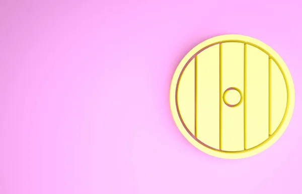 ピンクの背景に隔離された黄色の丸木製のシールドアイコン。セキュリティ、安全性、保護、プライバシー、ガードコンセプト。最小限の概念。3Dイラスト3Dレンダリング — ストック写真