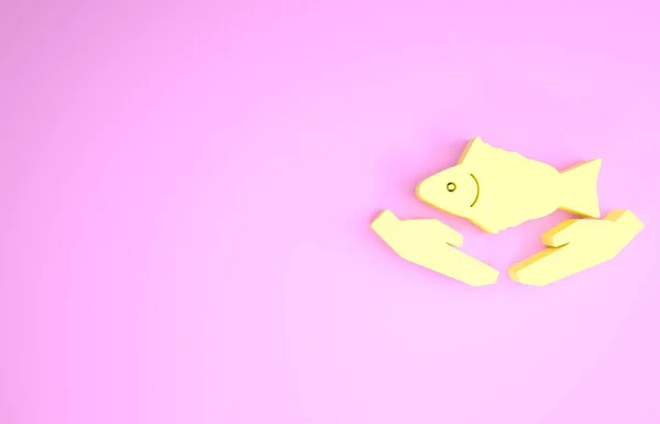 Ícone de cuidados de peixe amarelo isolado no fundo rosa. Conceito de minimalismo. 3D ilustração 3D render — Fotografia de Stock